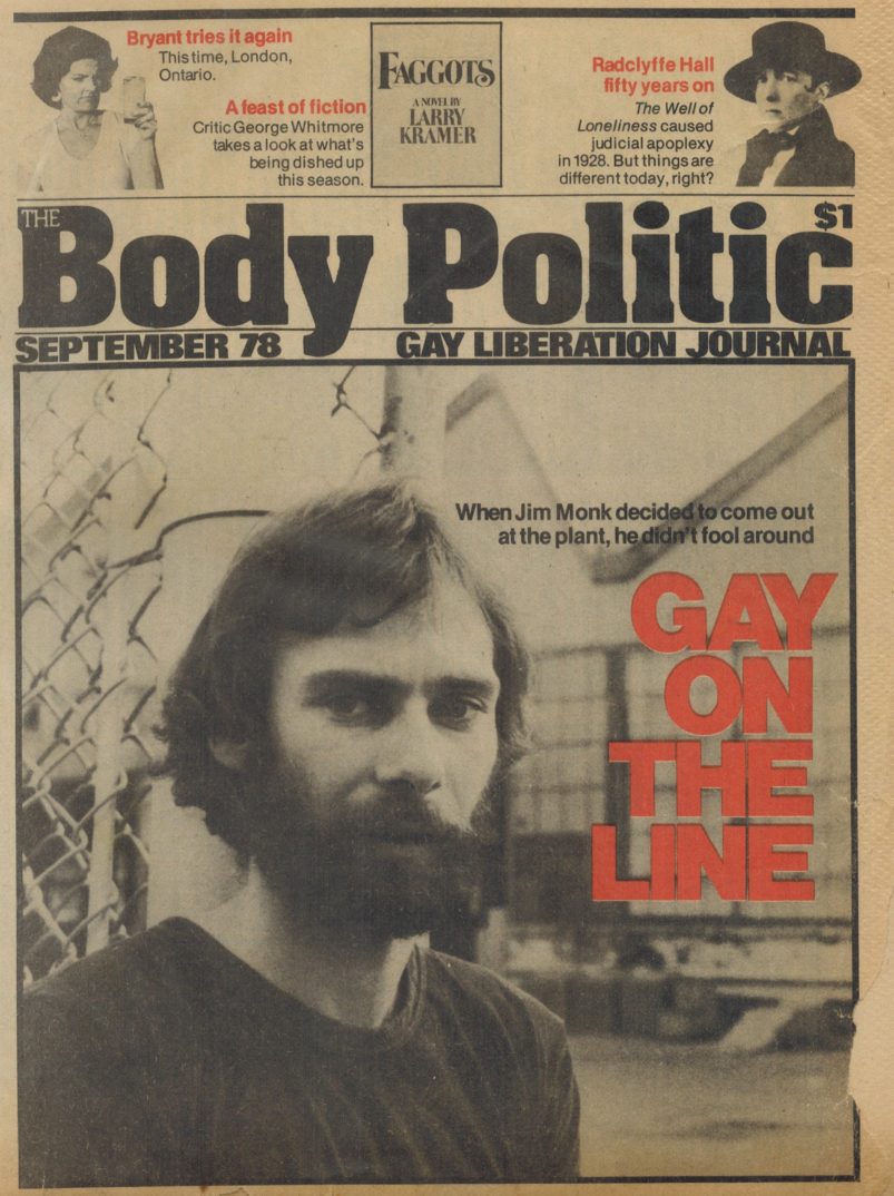 Cover of Body Politic journal showing bearded man and titled Gay on the Line