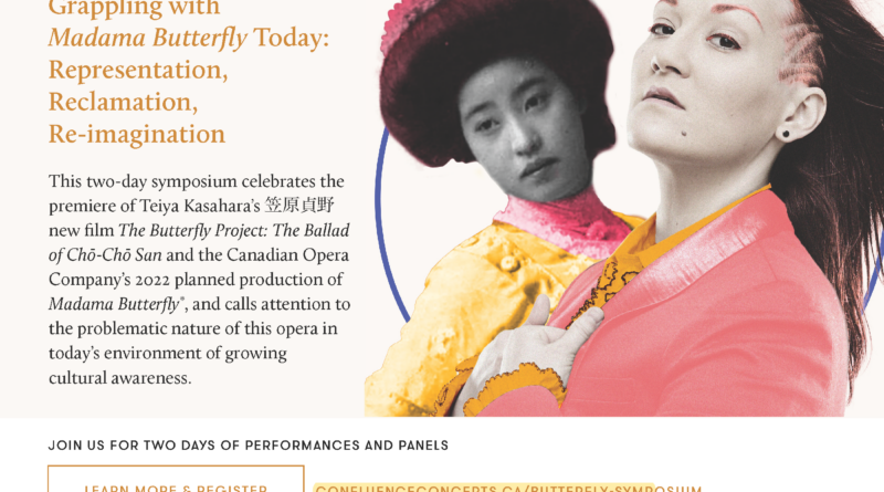 Banner for the symposium featuring a headshot of Teiya Kasahara’s 笠原貞野 and an image of an actor possibly portraying Cho-Cho San.