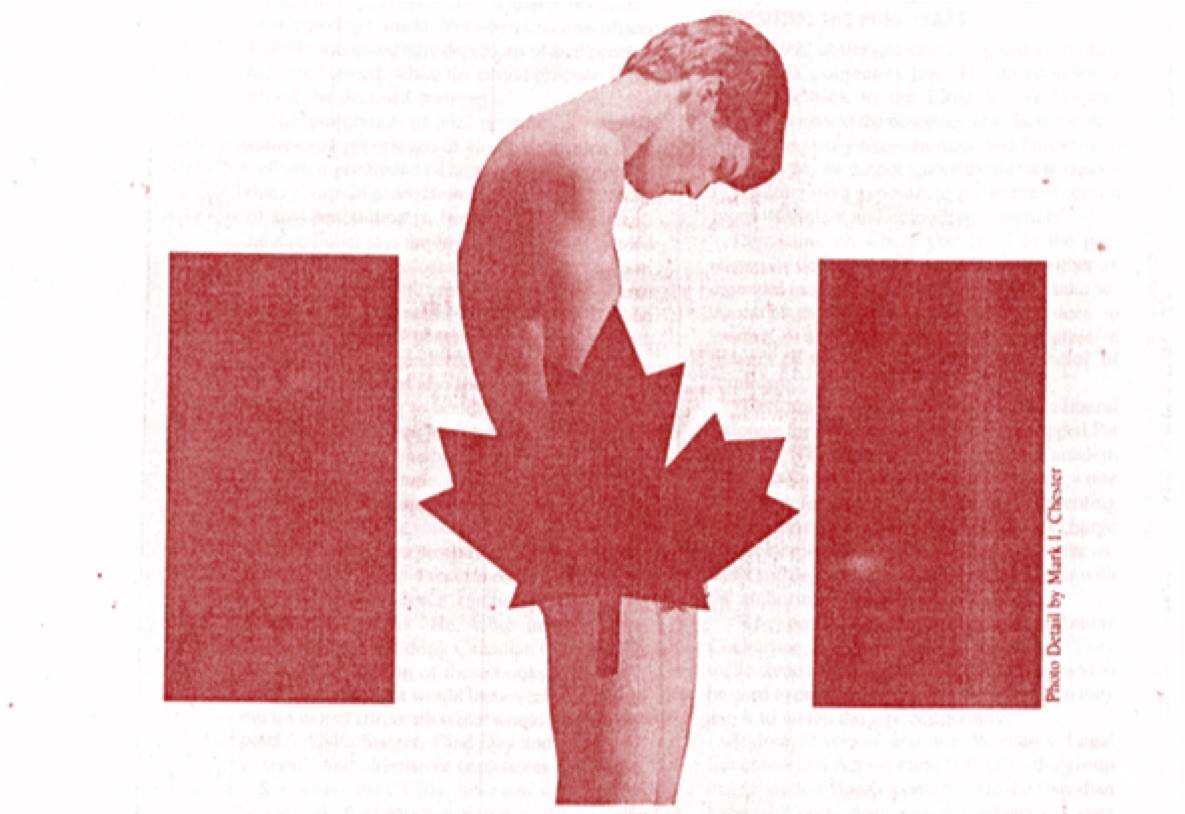 Naked Man layered behind the Canadian Flag with the Maple Leaf covering up his groin