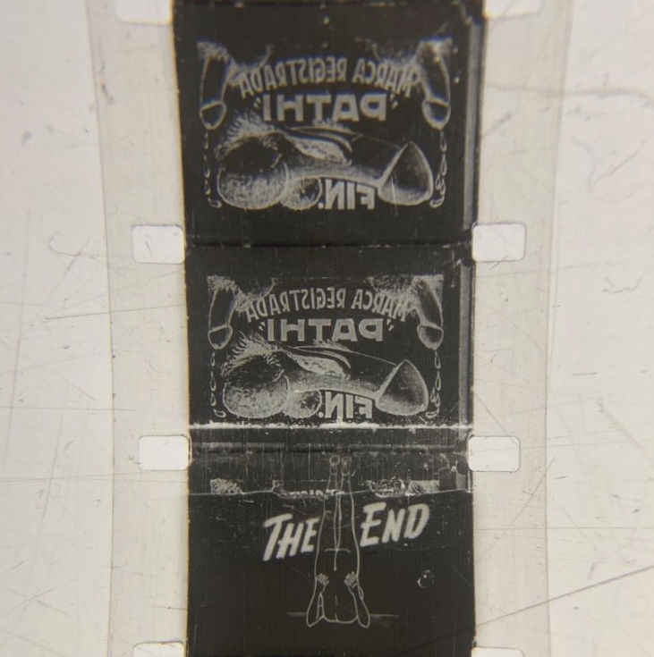 Close up Photograph of El satario film negative showing a cartoon penis