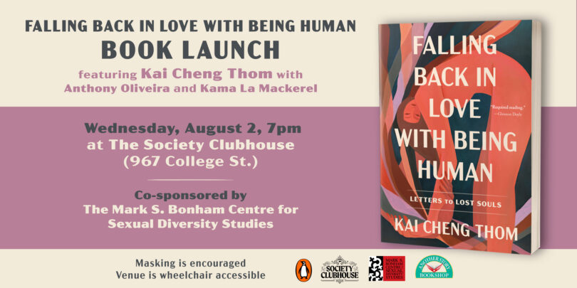 Banner featuring event details for Kai Cheng Thom's "Falling Back In Love With Being Human" book launch, including book cover, date and location, guests, and featured sponsor logos.