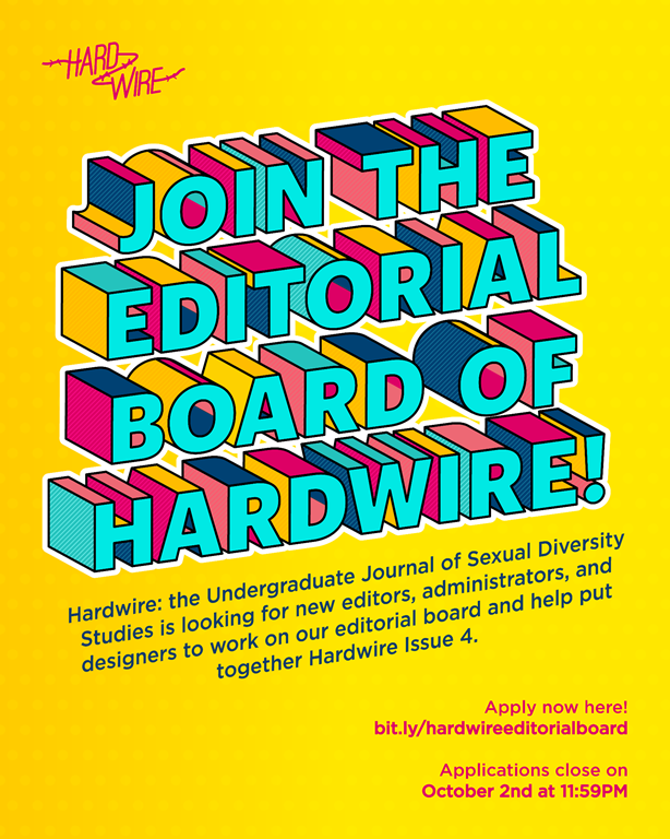 Poster of bright blue block text on yellow background with text "Join the editorial board of hardwire!," further details, and the link to the application form. 