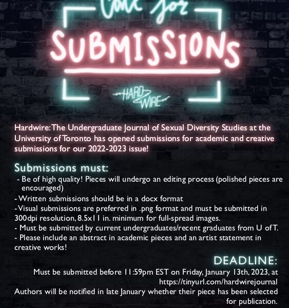 Neon sign styling with Hardwire logo stating "Call for submissions" against black background. Poster is full of text contained in the post about submission guidelines and dates.