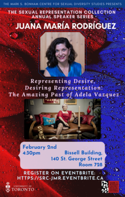 Poster of jewel tone red and blue feathers with event details included, along with a profile photo of Juana María Rodríguez and a photo of Adela Vazquez posing on a couch.