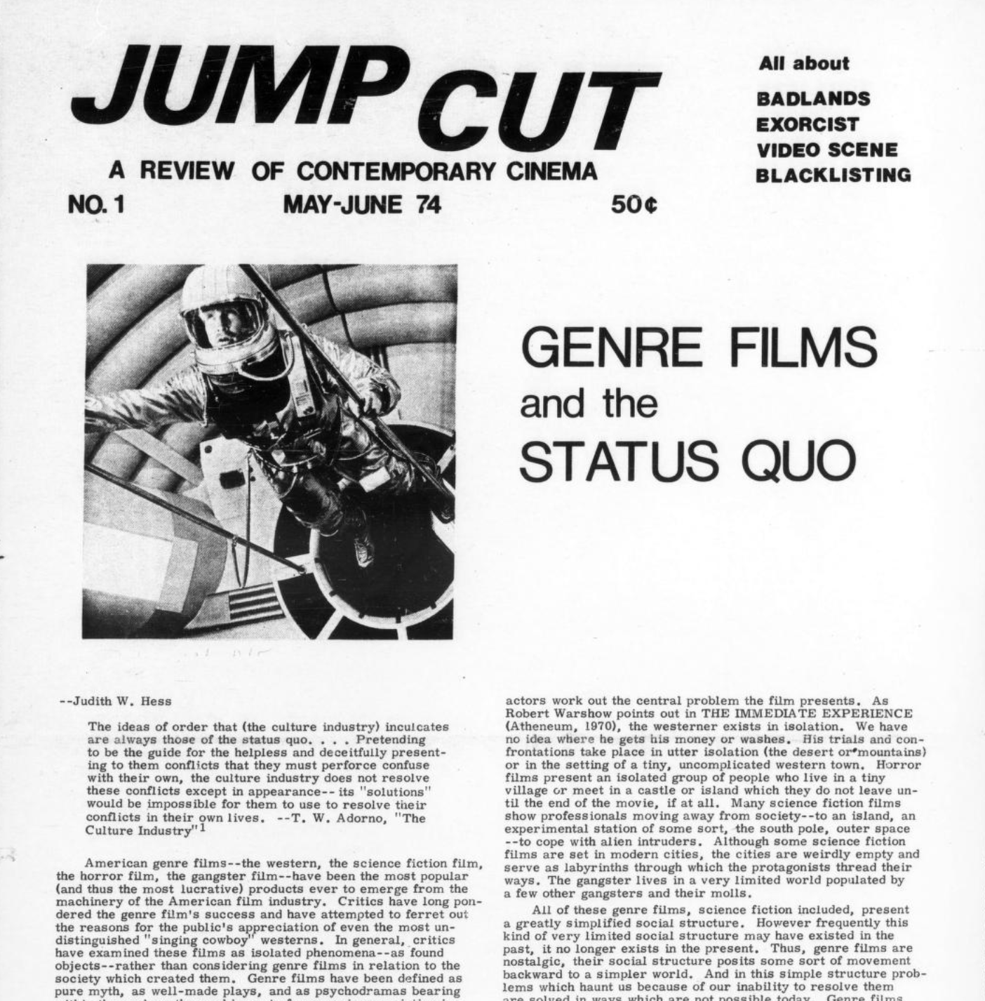 Cover of Jump Cut from May 1974 with a photo of an astronaut