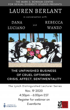 Poster for the Lynch Lecture featuring a picture of street art by Pony Wave where two faces imitate the act of kissing while wearing floral face masks. The title and speaker's names are on a black background, with the event date and other details on the bottom, alongside sponsors.