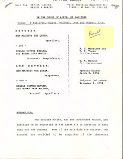 Cover of Court Case documents in Manitoba between the Crown and Donald Butler and Norman McCord