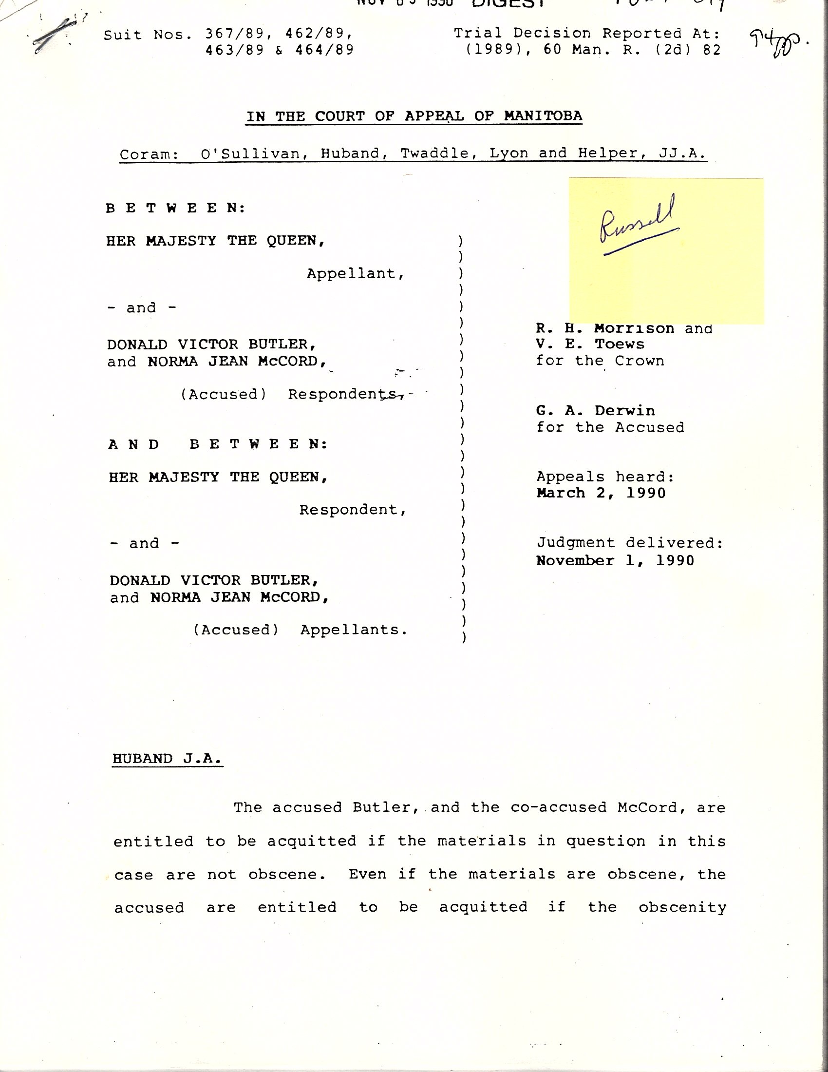 Cover of Court Case documents in Manitoba between the Crown and Donald Butler and Norman McCord