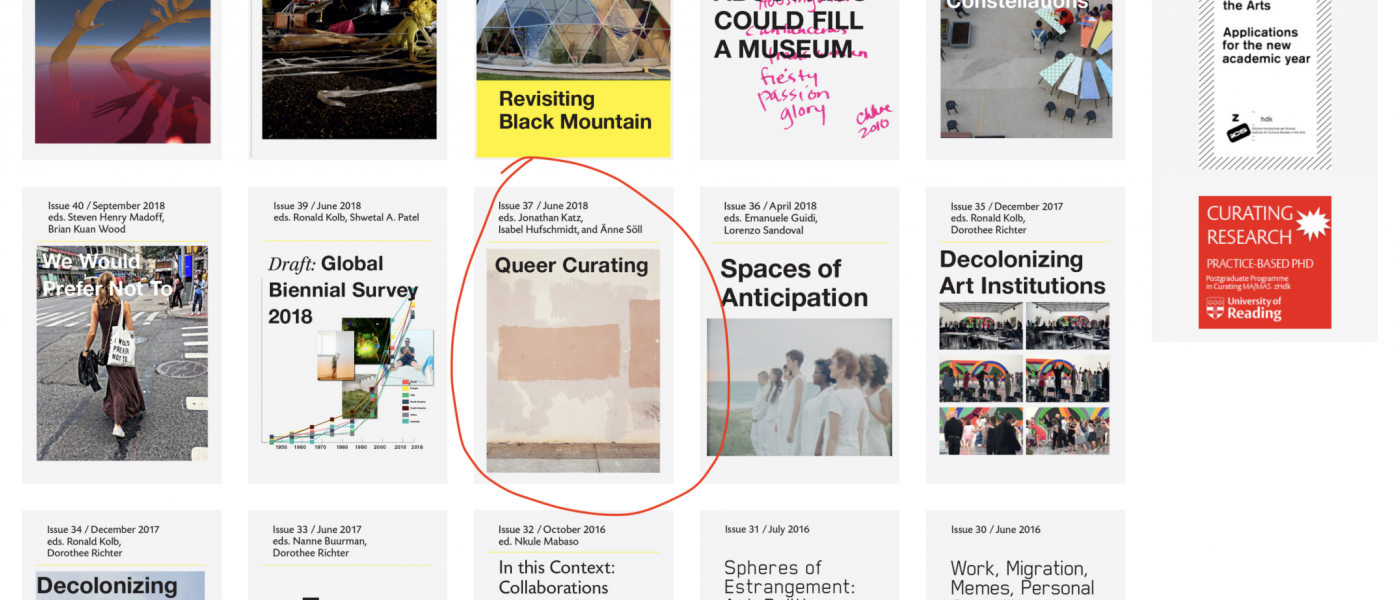 A series of issue covers for On Curating journal are displayed, with a circle drawn around one. The circled issue is issue 37, titled Queer Curating.