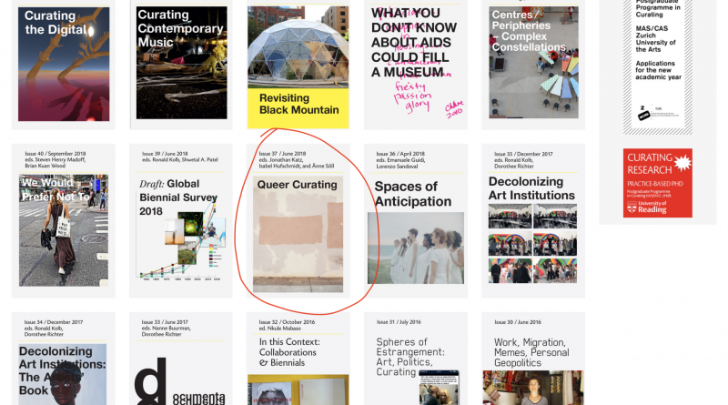 A series of issue covers for On Curating journal are displayed, with a circle drawn around one. The circled issue is issue 37, titled Queer Curating.