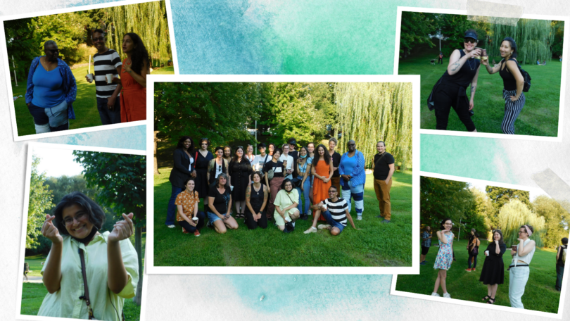 A collage of photos featuring various members of the QTRL 2022-23 cohort posing or having discussions in a park on a sunny afternoon.