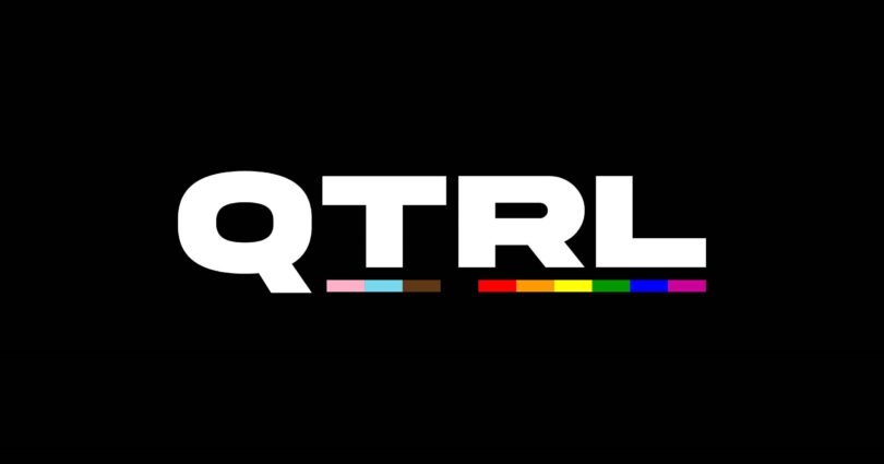 Queer Trans Research Lab logo featuring the letters QTRL in big block text, with an underline underneath in the colours of the BIPOC-inclusive pride flag featuring the trans and rainbow colours.