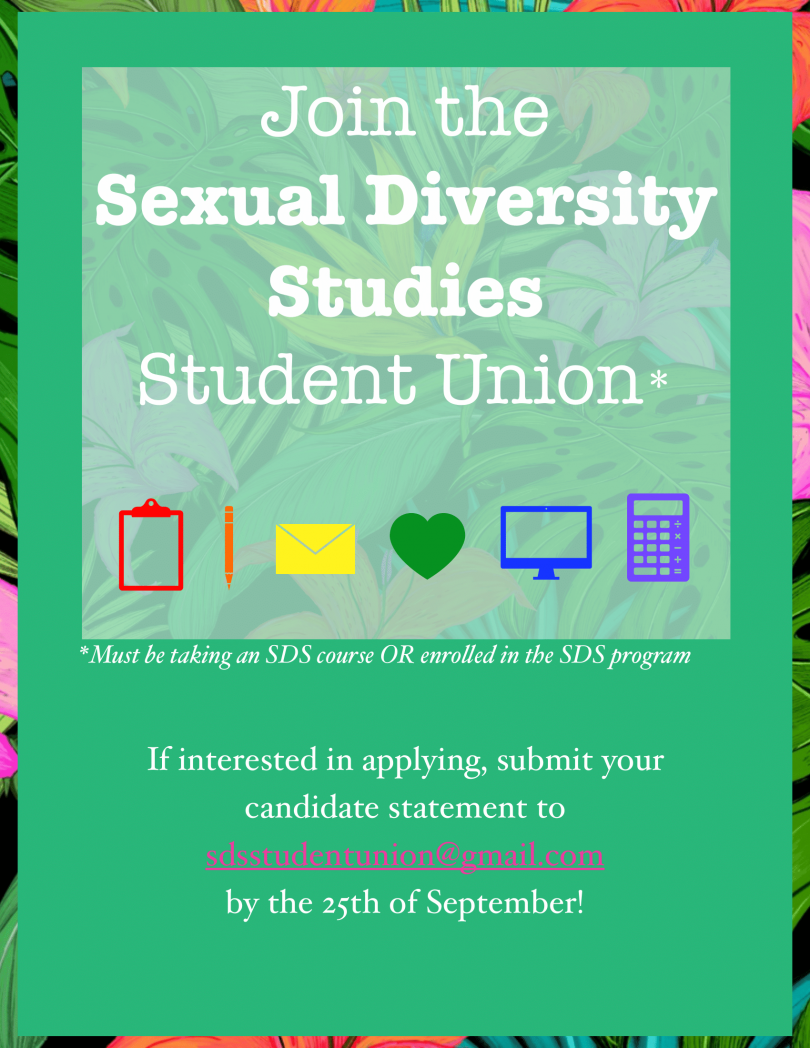 Poster of white text on green background saying Join the sexual diversity studies student union and requiring a candidate statement by September 25th to sdsstudentunion@gmail.com.