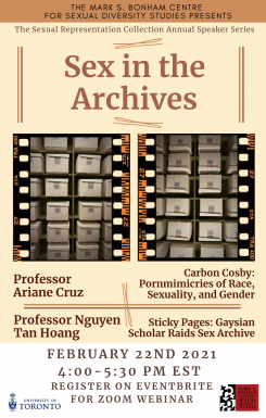 Poster for Sex in the Archives, featuring two images of the archive boxes as if they are on a film negative. The speakers names, titles for their talks, and date and time for the event are underneath.