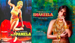 Two posters side by side with left poster featuring Miss Pamela posing with golden-chained bikini. The right poster is for the film Shakeela Not a Porn Star featuring a South Asian woman wearing golden indian dress