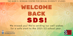 Allcaps text: Welcome Back SDS! with text beneath: "We missed you! We're sending our well wishes for a safe start to the 2021-22 school year" and doodles of fireworks against an autumn colour gradient.