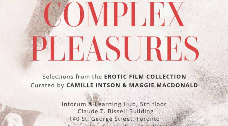 Complex Pleasures poster including title, event details contained in post on an abstracted cream background of a nude person. Logos for Bonham Centre, University of Toronto libraries, the Knowledge Media Design Institute, SSHRC, and Cinema Studies Institute.