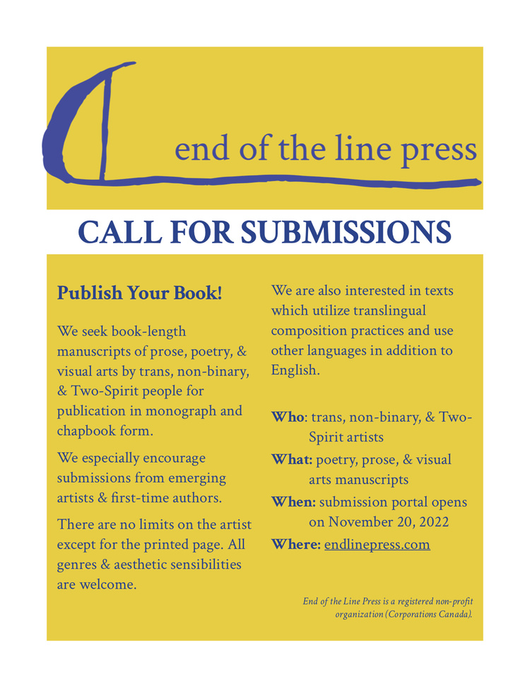 End of the line press Call for submissions poster. Yellow and blue colour scheme with text details included in news post, along with their logo.