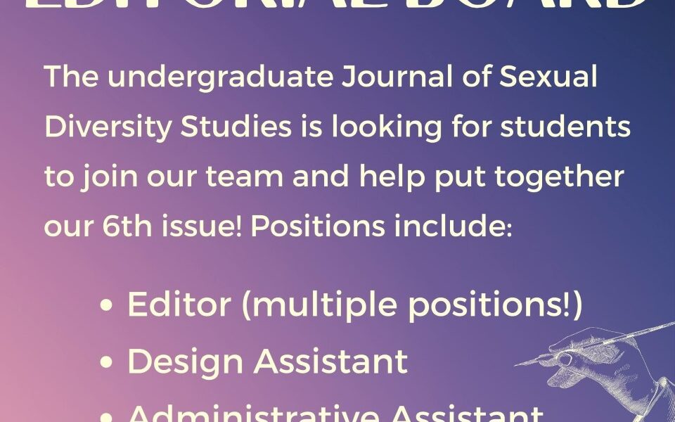 Text on purple gradient with an illustration of a hand holding a quill. Text reads JOIN THE HARDWIRE JOURNAL EDITORIAL BOARD The undergraduate Journal of Sexual Diversity Studies is looking for students to join our team and help put together our 6th issue! Positions include: Editor,(multiple positions!) Design Assistant, Administrative assistant. APPLY NOW! Find the form in our bio! Applications close October 3rd at 11:59pm.