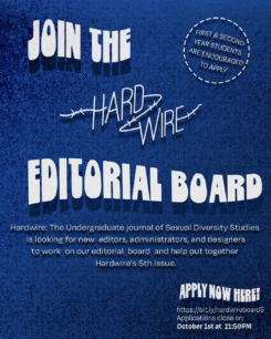 White text on blue background stating "Join the Hardwire Editorial Board". First and second year students are encouraged to apply. See linked page for application info and deadline.