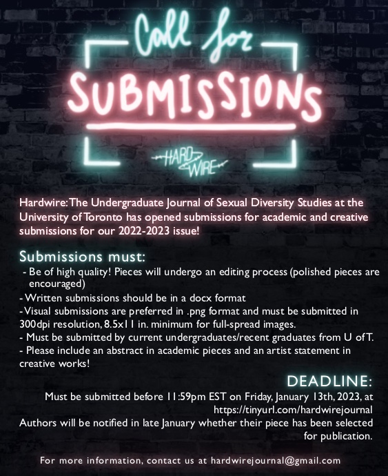 Neon sign styling with Hardwire logo stating "Call for submissions" against black background. Poster is full of text contained in the post about submission guidelines and dates.