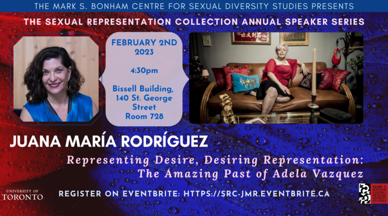 Banner of jewel tone red and blue feathers with event details included, along with a profile photo of Juana María Rodríguez and a photo of Adela Vazquez posing on a couch.