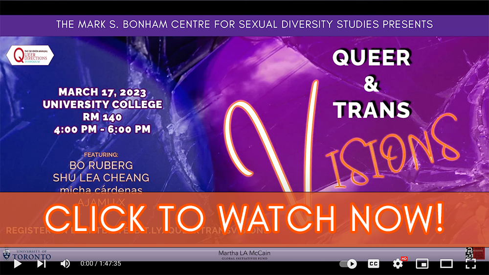 A poster saying 'Queer and Trans Visions' with a banner overlaid which reads: Click to watch now!