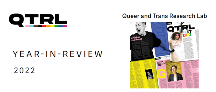 Banner with Queer and Trans Research Lab logo, text reading Year-in-Review 2022, and a preview thumbnail of PDF pages.
