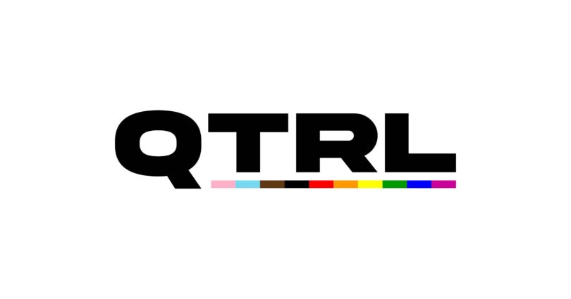 Queer Trans Research Lab logo featuring the letters QTRL in big block text, with an underline underneath in the colours of the BIPOC-inclusive pride flag featuring the trans and rainbow colours.