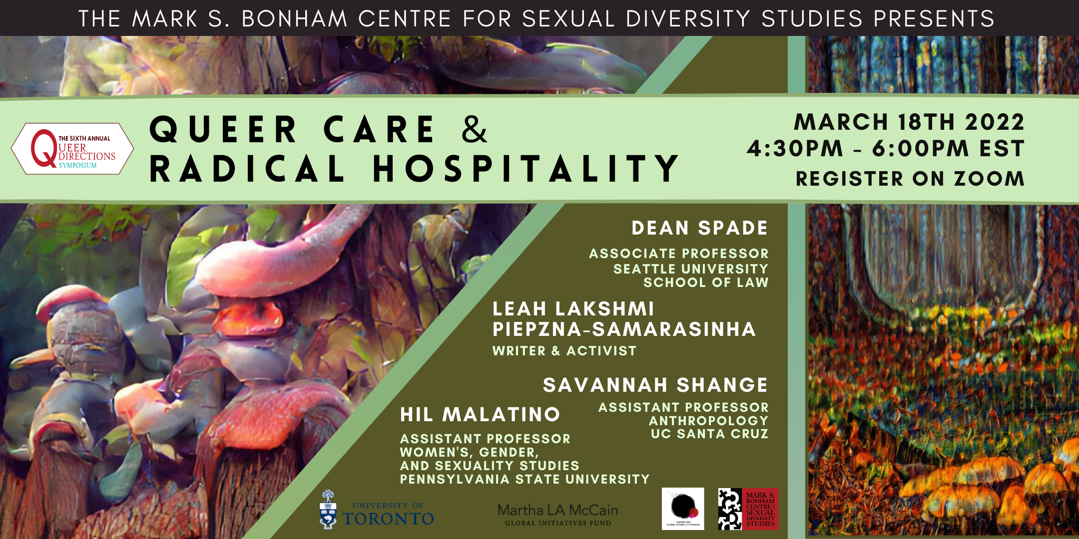Banner featuring stylized images of symbiotic fungi with tree trunks, including the event title, details, and guest names detailed in event post. Logos for the University of Toronto, Bonham Centre, Martha LA McCain Global Initiatives Fund, and Centre for Global Disability Studies at bottom.