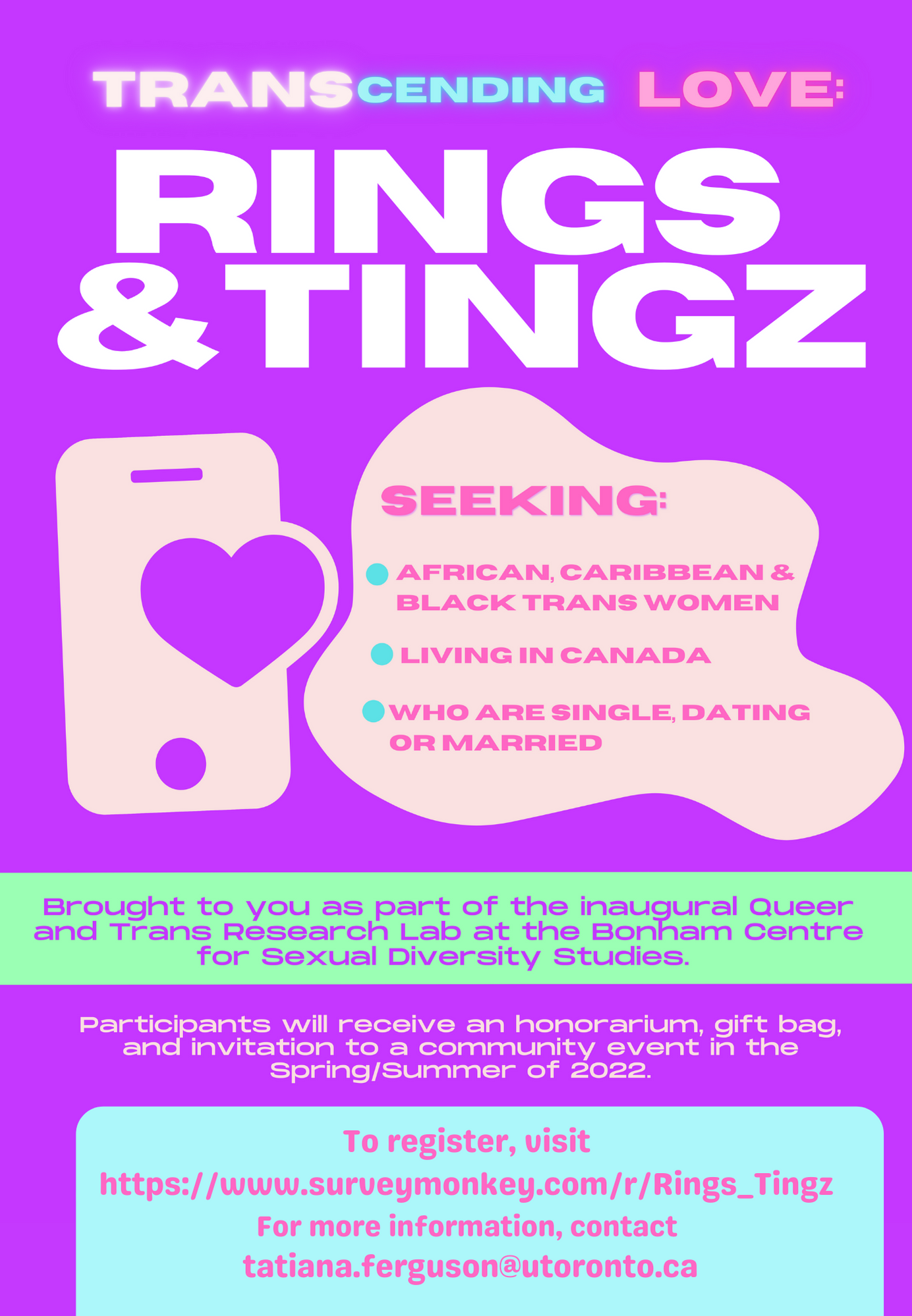 Flyer featuring a cellphone and a heart, describing the Rings & Tingz project details and contact information included in the post.