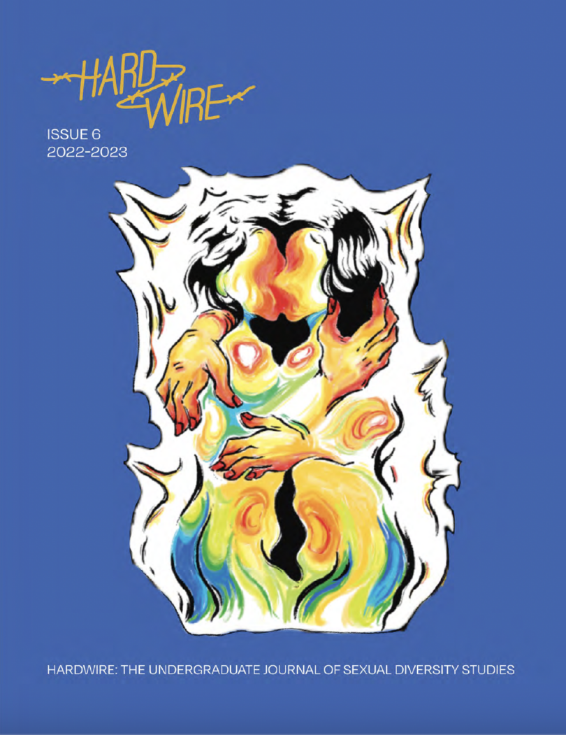 Cover of Hardwire Journal 2022-2023, featuring an image of almost abstract figures locked in an embrace. The background is blue and the figures are a mixture of yellows, oranges, browns, blues, and blacks.