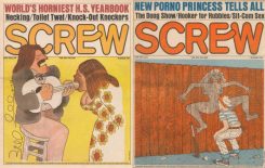 Two SCREW newspaper cover pages side by side both featuring sexual illustrations.