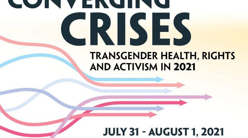 Poster for the inaugural TPATH conference, with Converging Crises in large navy text alongside the subtitle in smaller font. Many arrows in the colours of the trans flag run from left to right, starting spread out and streamlining so that they are closer together. Plenty of text detailing the event, registration details, and abstract submission details are included -- refer to the event text and attached PDF for further details.