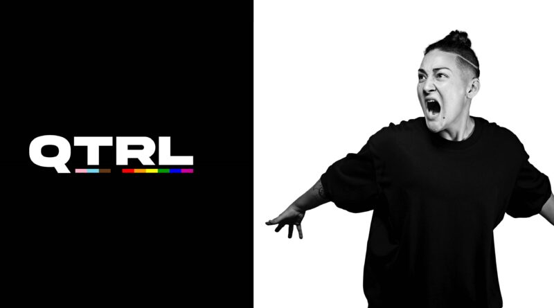 Black and white photo of Teiya Kasahara in a dynamic pose, facing the camera with their mouth open as if they are yelling or singing, with the QTRL logo beside them.