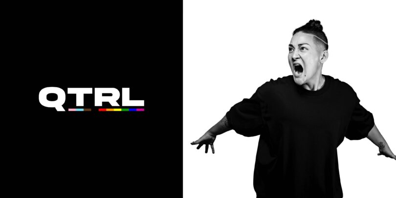 Black and white photo of Teiya Kasahara in a dynamic pose, facing the camera with their mouth open as if they are yelling or singing, with the QTRL logo beside them.