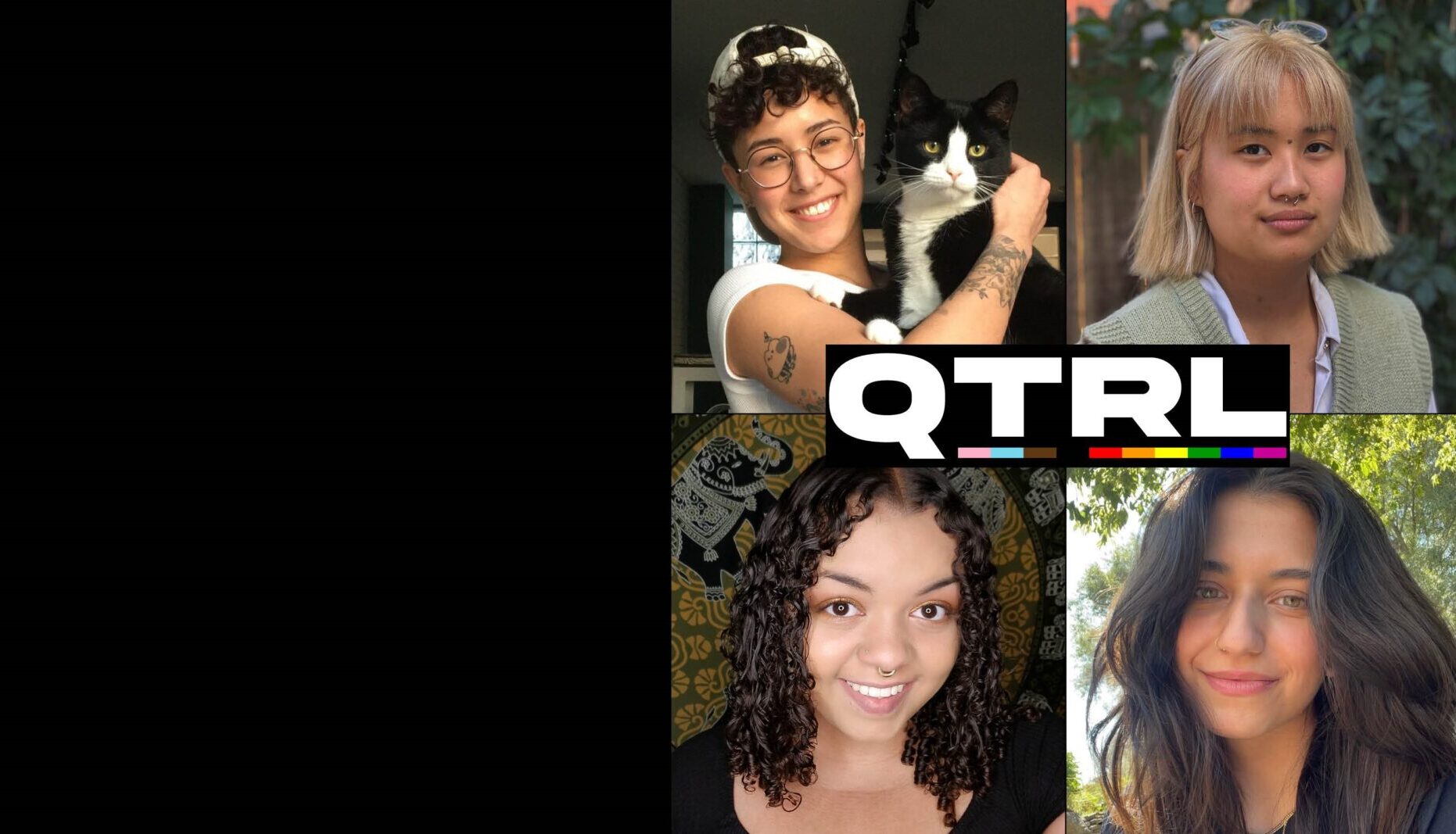 Banner featuring pictures of the four undergraduate research assistants alongside the Queer and Trans Research Lab logo.