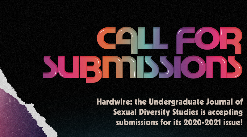Banner for Hardwire 2020 with rainbow text saying "Call for submissions" and "hardwire: the Undergraduate Journal of Sexual Diversity Studies is accepting submissions for its 2020-21 issue!"
