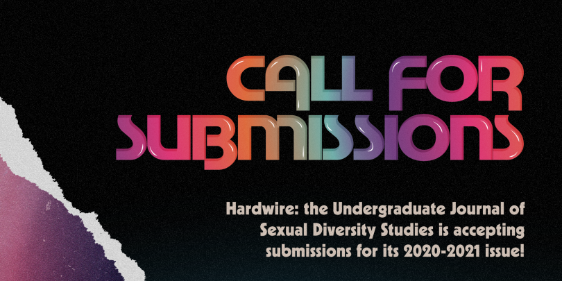 Banner for Hardwire 2020 with rainbow text saying "Call for submissions" and "hardwire: the Undergraduate Journal of Sexual Diversity Studies is accepting submissions for its 2020-21 issue!"